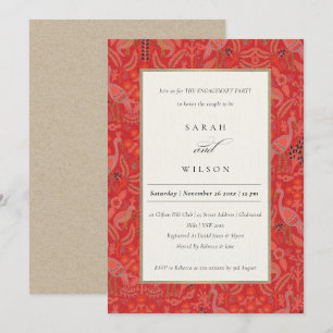 Invitation Ornate Red Classy Flora Peacock Motif Fiançailles