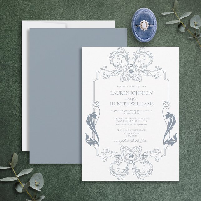 Invitation Orné Dusty Blue Floral Line Art Monogramme Invita (Créateur téléchargé)