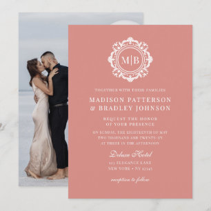 Invitation Orné Floral Monogramme Mariage Élégant Rose Or