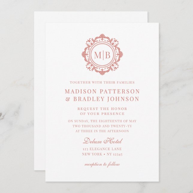 Invitation Orné Floral Monogramme Mariage Élégant Rose Or (Devant / Derrière)