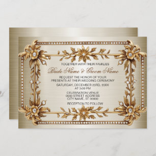 Invitation Orné Or Rectangle Fleurs Dimond Mariage brillant