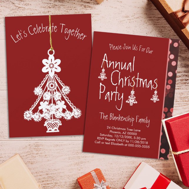 Invitation Ornement blanc Arbre de Noël Deep Red Custom (Créateur téléchargé)