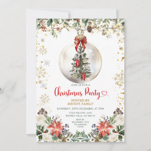 Invitation Ornement de fête de Noël à ruban rouge Fleurs de v