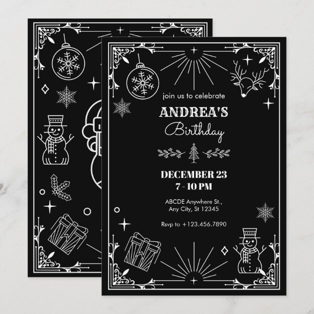 Invitation Ornement de Noël art déco noir (Devant / Derrière)