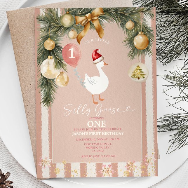 Invitation Ornement de Noël d'or Silly Goose 1er anniversaire (Créateur téléchargé)