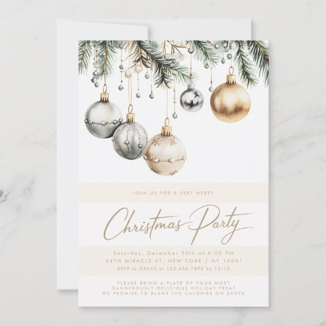 Invitation Ornements Argent Et Or Baubles Fête de Noël (Devant)