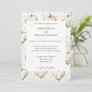 Invitation Ornements Cœurs Gris Crème Chic Mariage