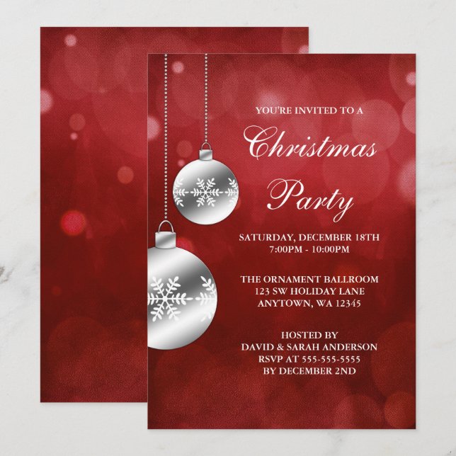 Invitation Ornements d'argent Fête de Noël du Red Bokeh (Devant / Derrière)