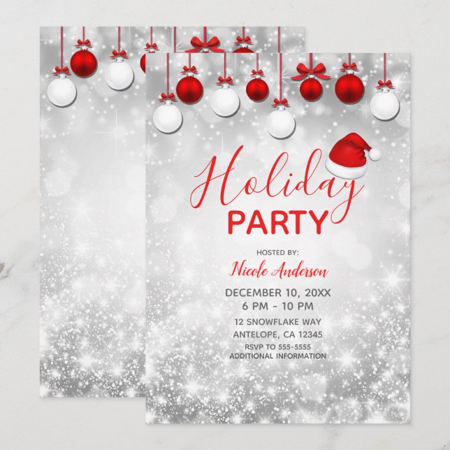Invitation Ornements de fête de fin d'année Hiver Rouge Blanc (Devant / Derrière)