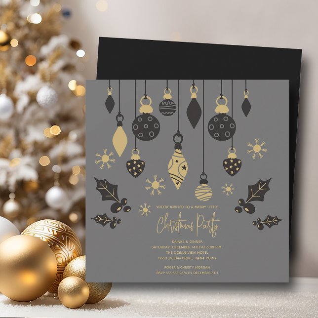 Invitation Ornements de Noël chic sur gris (Chic Christmas tree ornaments on grey 5.25" square invitations, PRINTED and/or INSTANT DOWNLOAD)