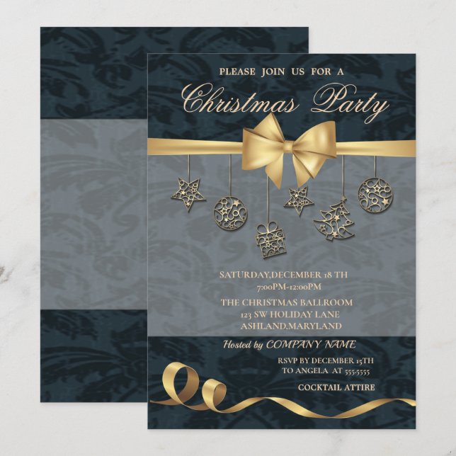 Invitation Ornements de Noël élégants, Bow, Fête de Noël (Devant / Derrière)