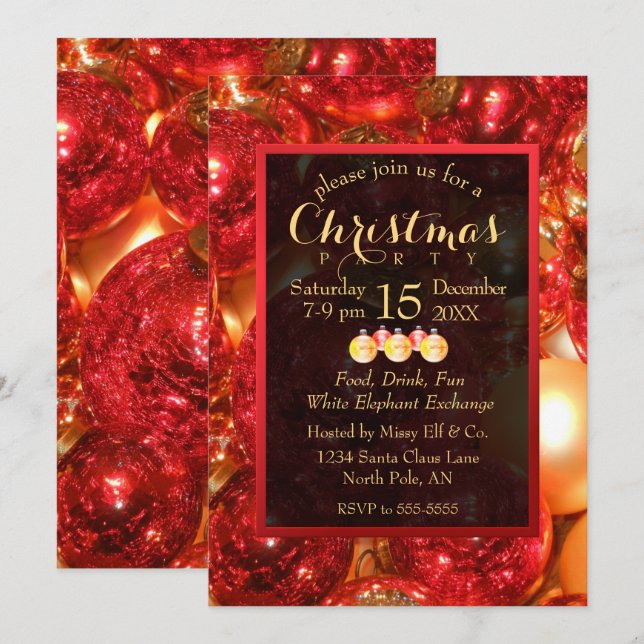 Invitation Ornements de Noël or et rouge (Devant / Derrière)