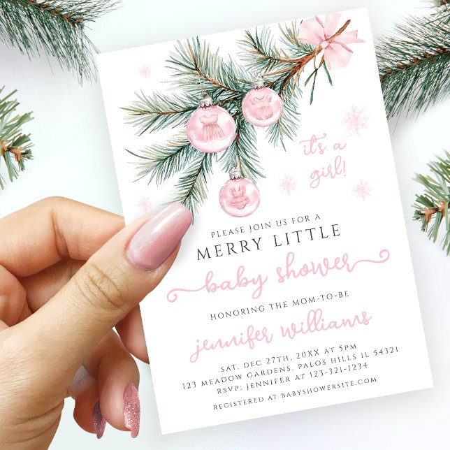 Invitation Ornements d'hiver rose sur Pine Fir Baby Girl Douc (Créateur téléchargé)