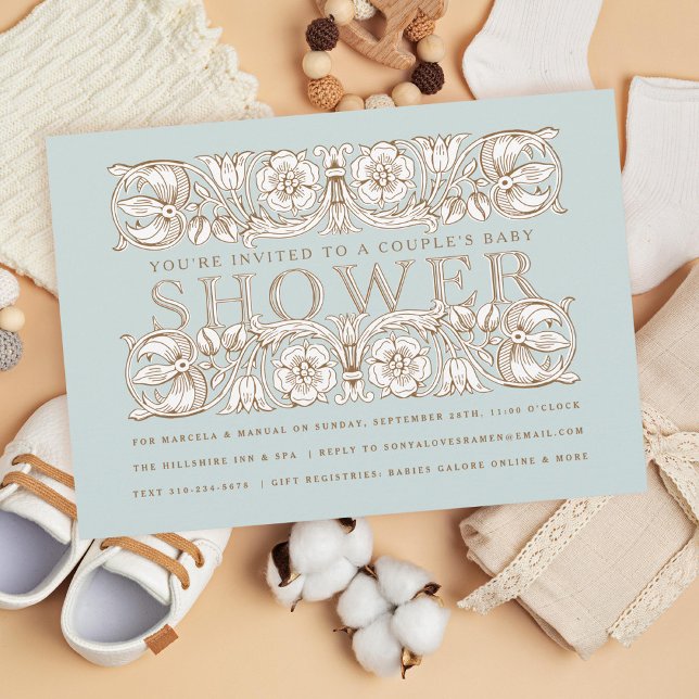 Invitation Ornements floraux antiques Baby shower bleu (Créateur téléchargé)