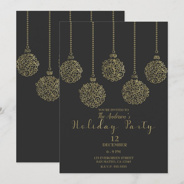 Invitation Ornements Gold & Charcoal Elegant Holiday Party (Devant / Derrière)