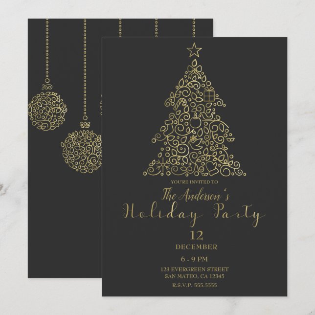 Invitation Ornements Gold Charcoal Elegant Tree Holiday Party (Devant / Derrière)