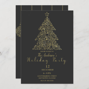 Invitation Ornements Gold Charcoal Elegant Tree Holiday Party