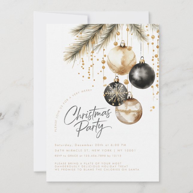 Invitation Ornements Noirs Et Or Baubles Fête de Noël (Devant)