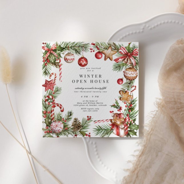 Invitation Ornements rouges Verdure Carré frontalier Open Hou (Créateur téléchargé)