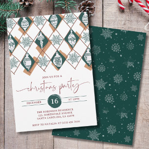 Invitation Ornements verts flocons de neige Fête de Noël