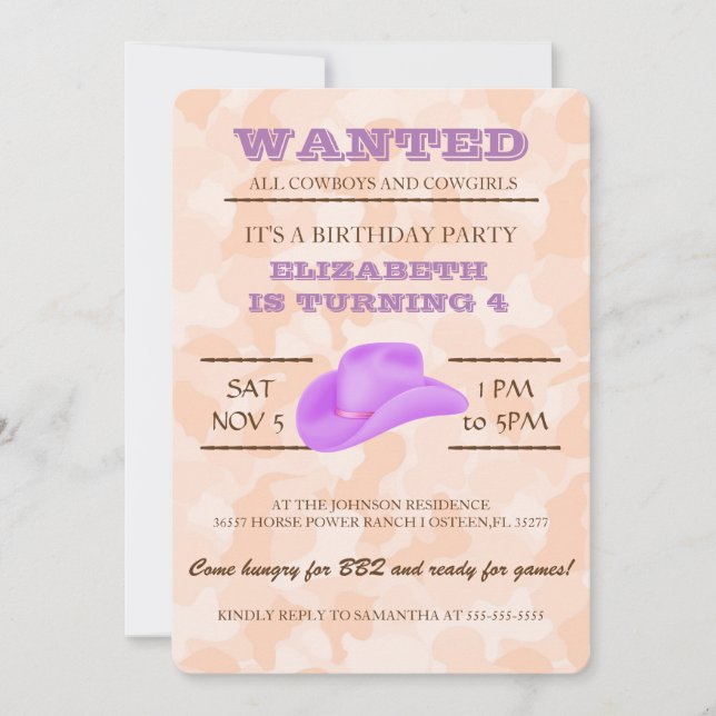 Invitation OUAIS ! Purple Cowgirl Anniversaire Fête Invitatio (Devant)