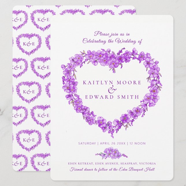 Invitation Oubliez-moi pas coeur art mariage violet blanc (Devant / Derrière)