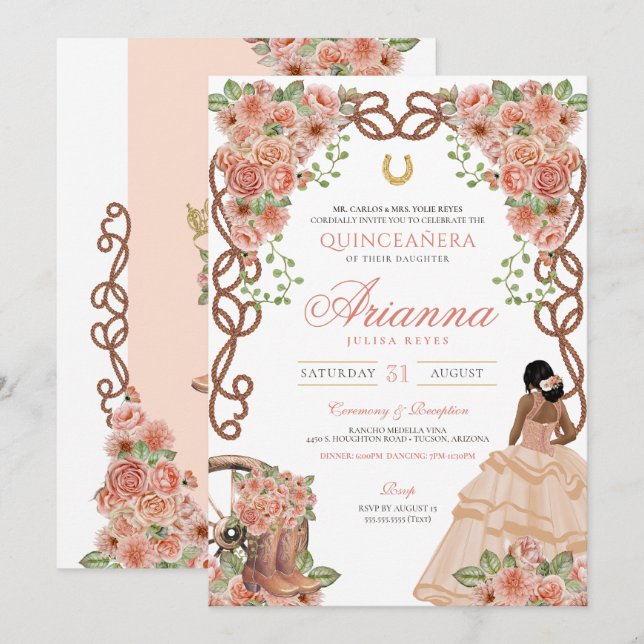 Invitation Ouest Charro Quinceañera Rose Gold Blush Floral (Devant / Derrière)