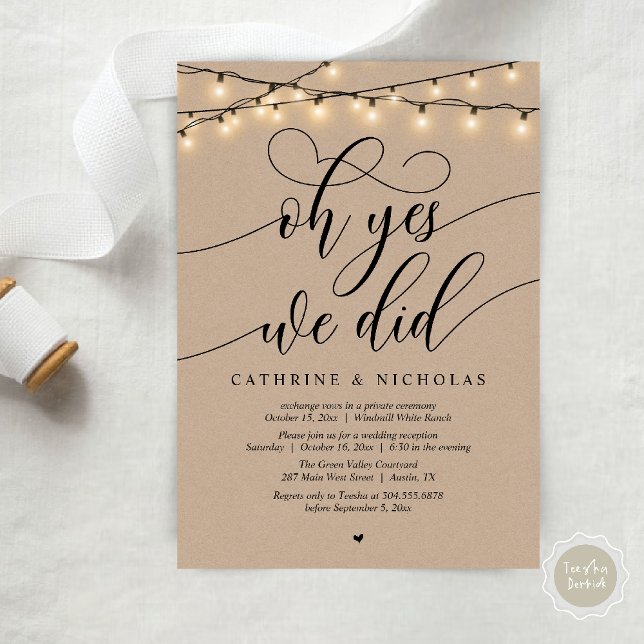 Invitation Oui, On L'A Fait, Réception De Mariage De Script M (Oh Yes, We Did, Modern Script Wedding Reception Invitation Card PDF Brown Kraft String Lights)