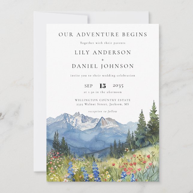 Invitation Our Adventure Mountain Wildflower Floral Wedding (Devant)
