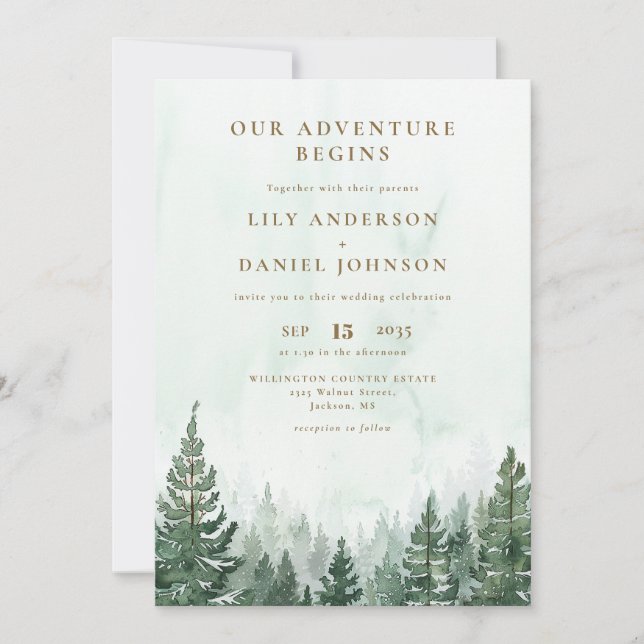 Invitation Our Adventure Rustic Pine Tree Forest Wedding (Devant)