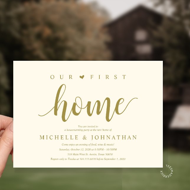Invitation Our First Home Modern Rustic Housewarming party (Our First Home Housewarming party Invitation Card in Yellow Gold)