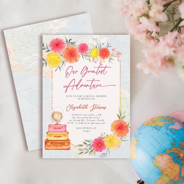 Invitation Our Greatest Adventure Floral Travel Theme Bridal (travel bridal shower invitation floral watercolor world map suitcase tropical hot pink zinnia)
