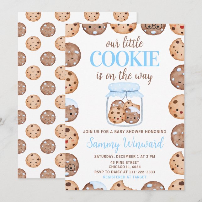 Invitation Our Little Cookie Blue Baby Shower (Devant / Derrière)