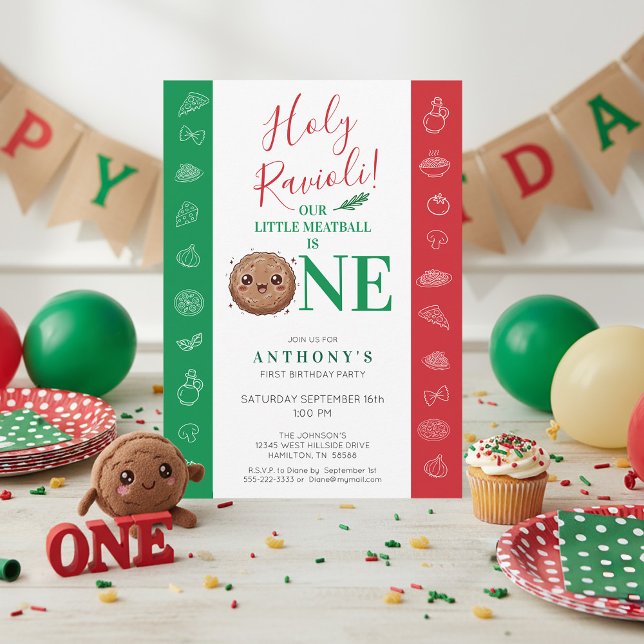 Invitation Our Little Meatball is One Birthday Party  (Holy Ravioli! Our Little Meatball is One Boy's Italian Birthday Party Invitation)