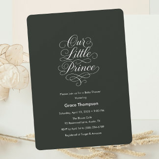 Invitation Our Little Prince Minimal Script Baby Shower Black