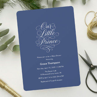 Invitation Our Little Prince Minimal Script Baby Shower Blue
