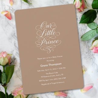 Invitation Our Little Prince Minimal Script Brown Baby Shower