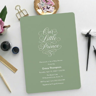 Invitation Our Little Prince Sage Green Minimal Script