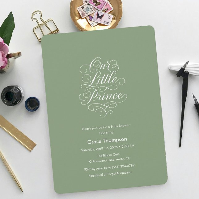 Invitation Our Little Prince Sage Green Minimal Script (Our Little Prince Sage Green Minimal Script Invitation)