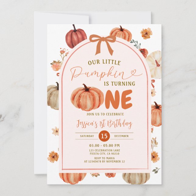 Invitation Our Little Pumpkin is turning one birthday party (Devant)