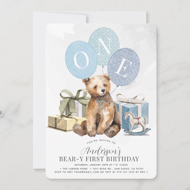 Invitation Ours 1er anniversaire Ours Bleu Ballons Garçon (Devant)