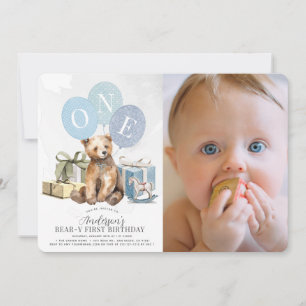 Invitation Ours 1er anniversaire Ours Bleu Balloon Boy Photo