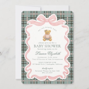 Invitation Ours à nœud papillon rose Coquette Tartan Plaid Ba