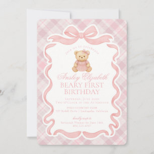 Invitation Ours à nœud papillon rose pour un premier annivers