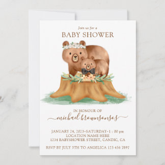 Invitation Ours aquarelle maman Baby Shower garçon