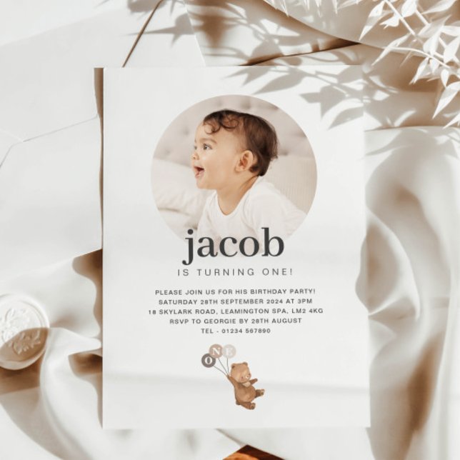 Invitation Ours avec 3 ballons Brown - Photo Anniversaire (Bear with 3 Brown Balloons - Photo Birthday Invitation)