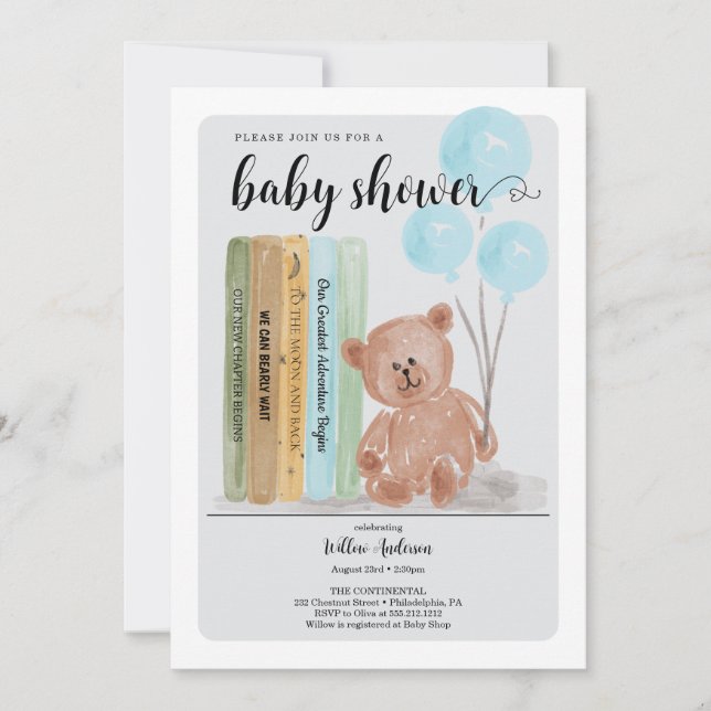 Invitation Ours avec livres Bearly Wait Boy Baby shower (Devant)
