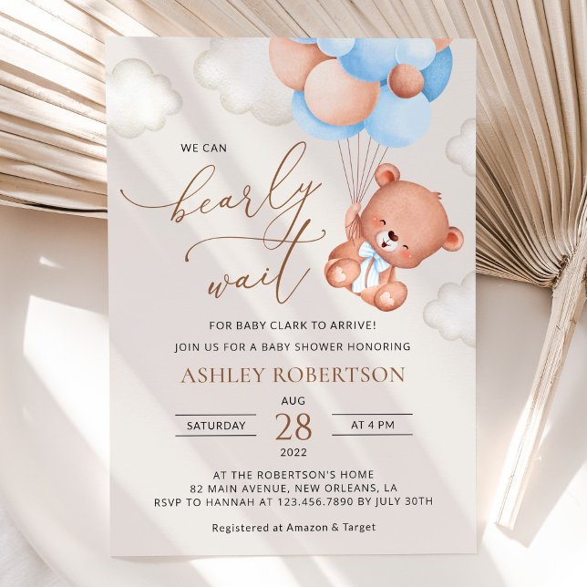 Invitation ours bébé, ours en peluche, ballons bleus, Baby sh (Créateur téléchargé)