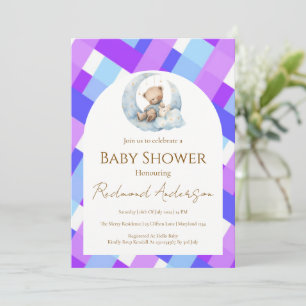 Invitation Ours bleu et violet à carreaux pour la baby shower
