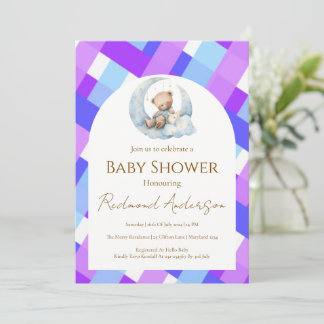Invitation Ours bleu et violet à carreaux pour la baby shower